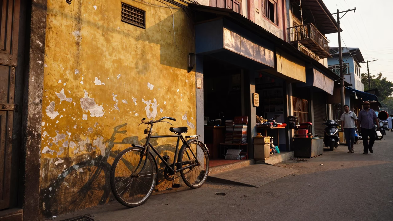 Golden Hour Kolkata Street Scene with Vintage Bicycle and Traditional Shopfronts in in Kolkata, India