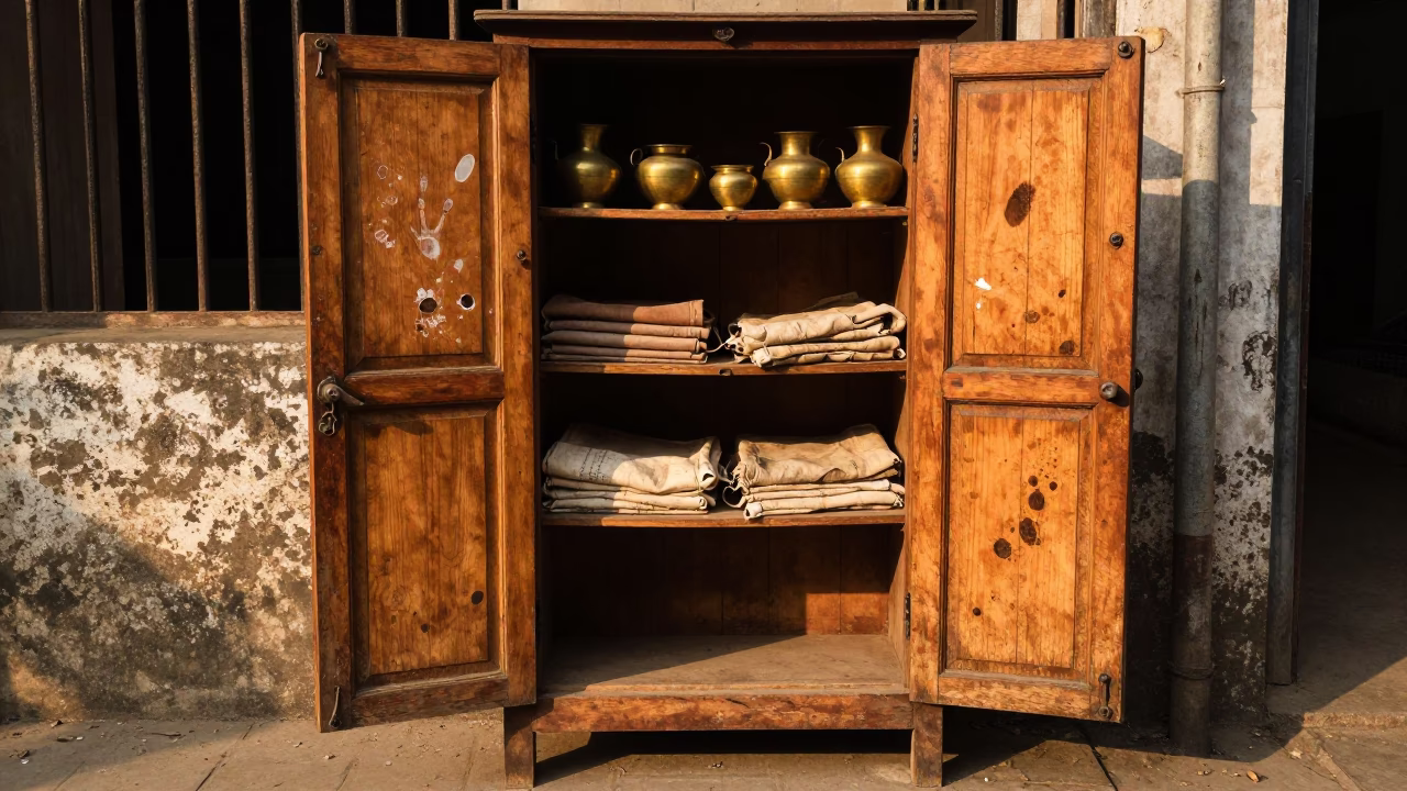 Golden Hour Kolkata Street Scene with Wooden Cupboard Doors and Fingerprints in in Kolkata, India