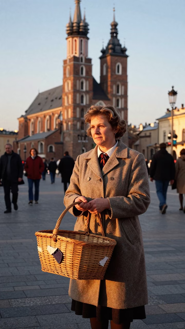Golden Hour Krakow Street Photography with Vintage Mending Basket and Local Life in in Krakow, Poland