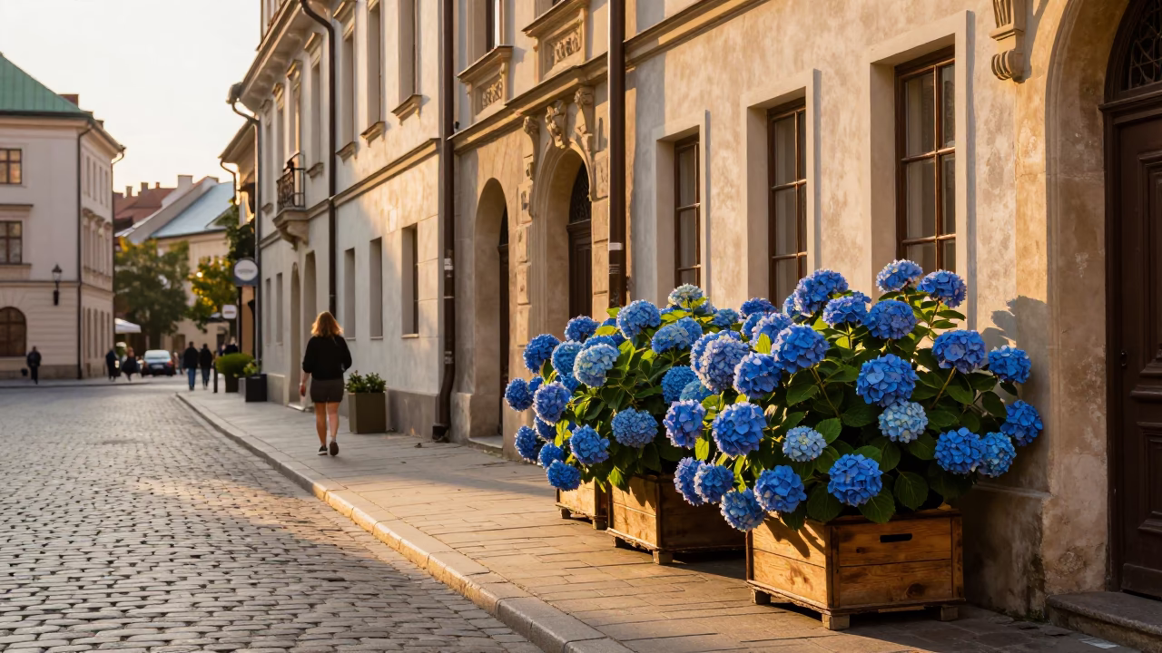 Golden Hour Krakow Street Scene with Hydrangeas and Historic Architecture in in Krakow, Poland