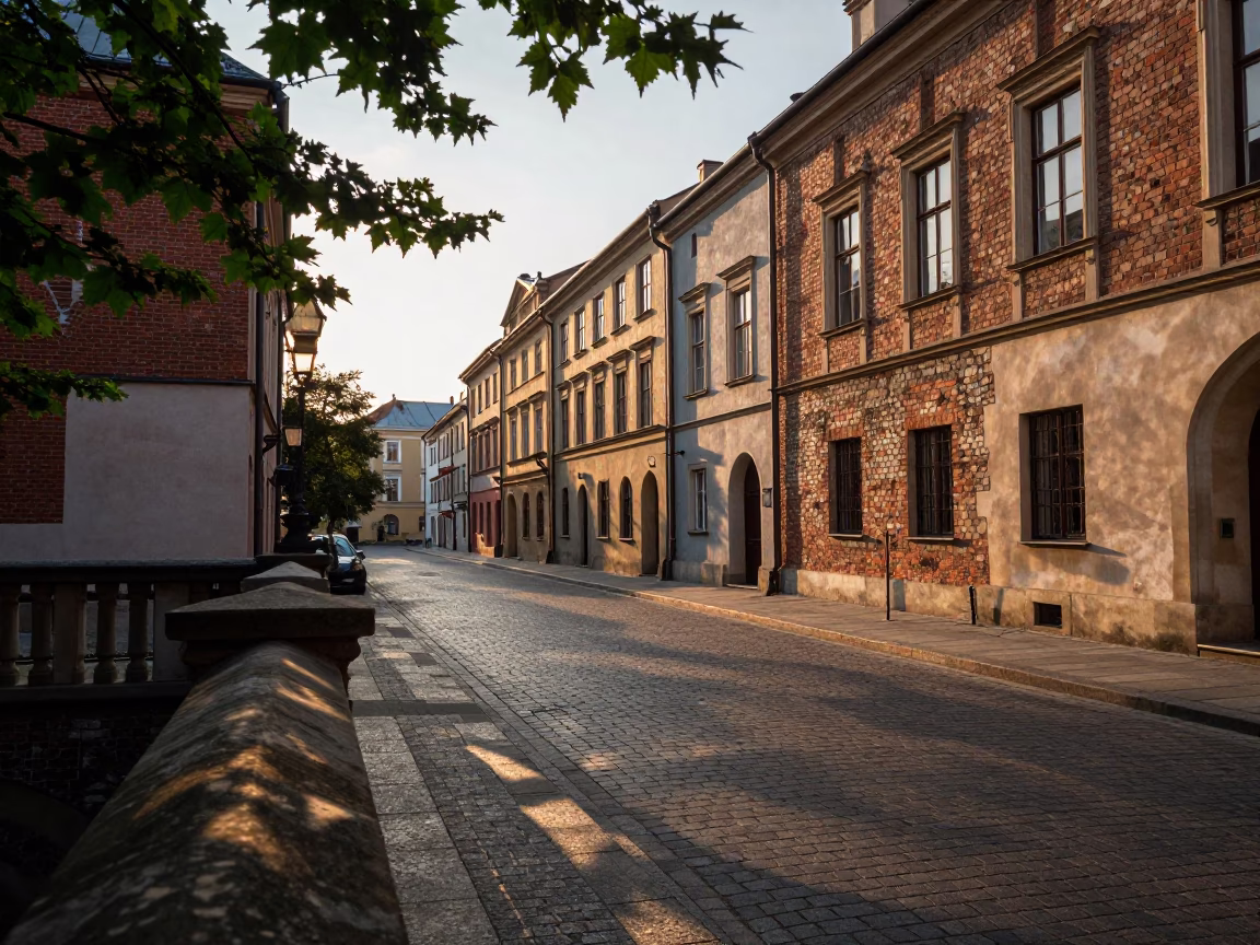 Golden Hour Krakow Street Scene with Leaf Shadows and Local Life in in Krakow, Poland