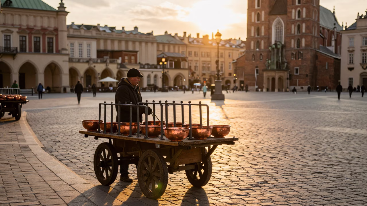 Golden Hour Krakow Street Scene with Peg Rails and Copper Bowls in in Krakow, Poland