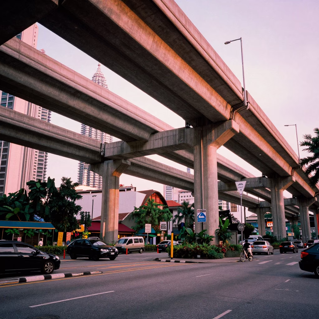 Golden Hour Kuala Lumpur Street Scene with Highway Flyover and Plastic Bottle in in Kuala Lumpur, Malaysia