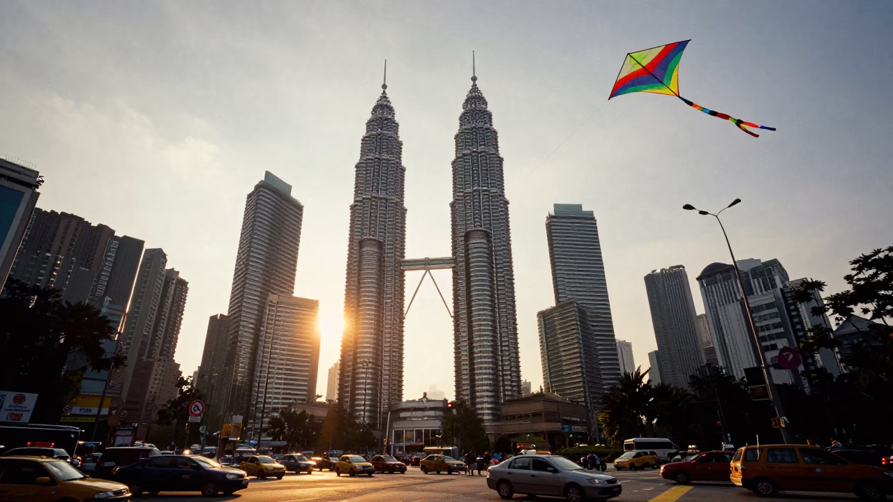 Golden Hour Kuala Lumpur Street Scene with Kites and Urban Life in in Kuala Lumpur, Malaysia