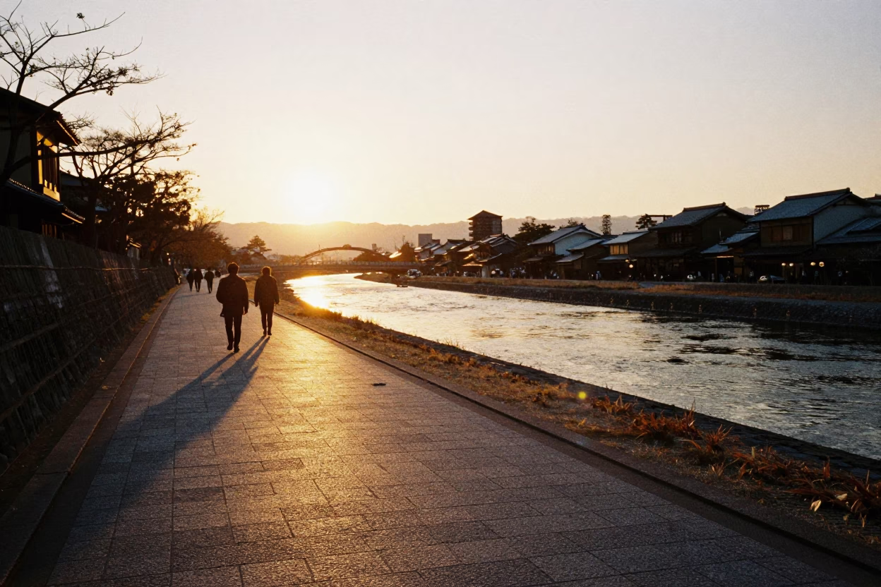 Golden Hour Kyoto Japan Landscape Horizon Shot 1960s Era Street Scene in in Kyoto, Japan