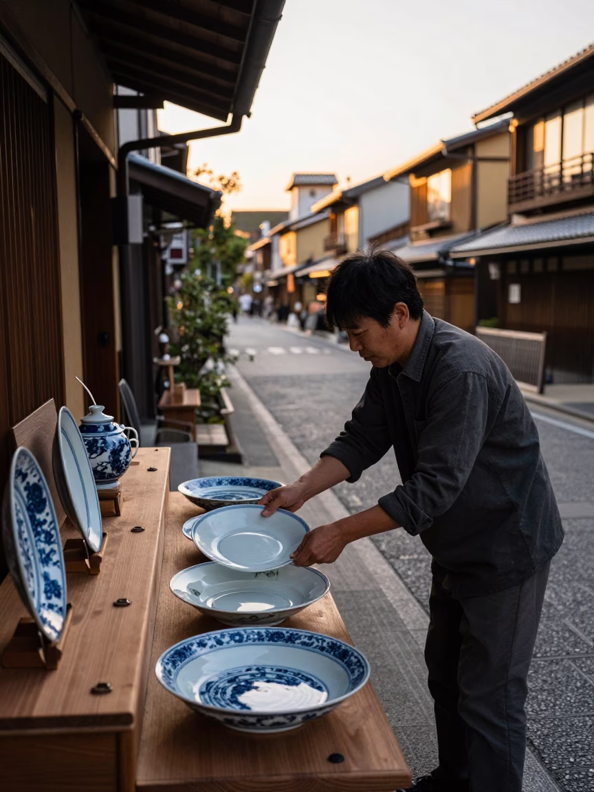 Golden Hour Kyoto Street Scene with Blue White Porcelain Plate and Traditional Architecture in in Kyoto, Japan