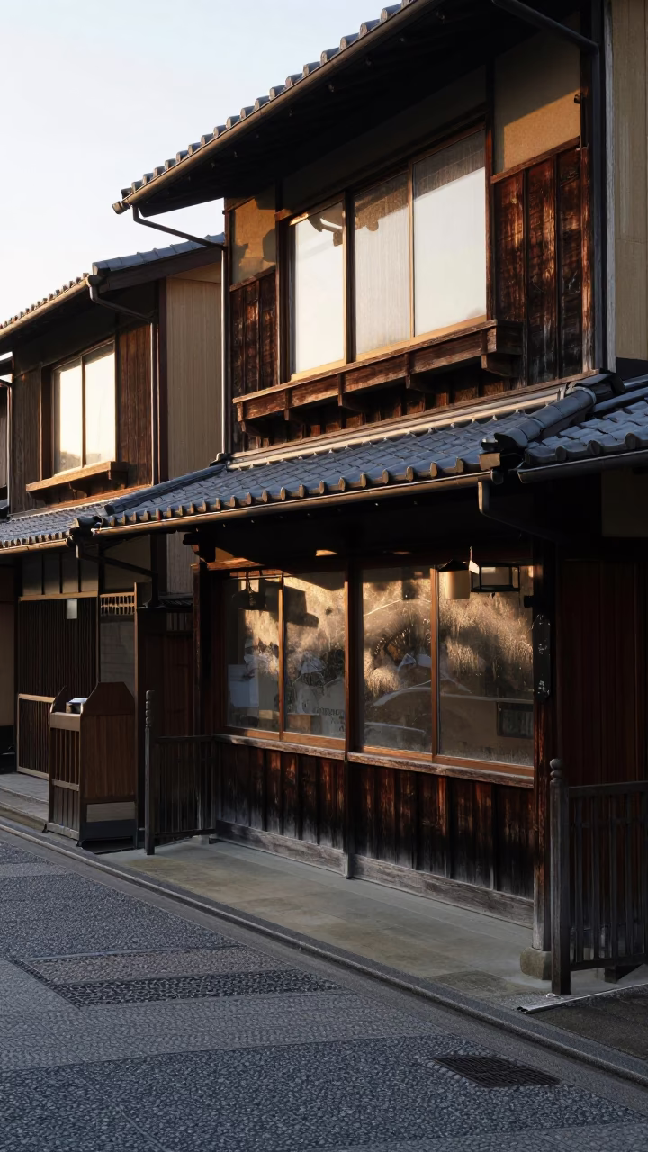 Golden Hour Kyoto Street Scene with Condensation on Glass and Traditional Architecture in in Kyoto, Japan