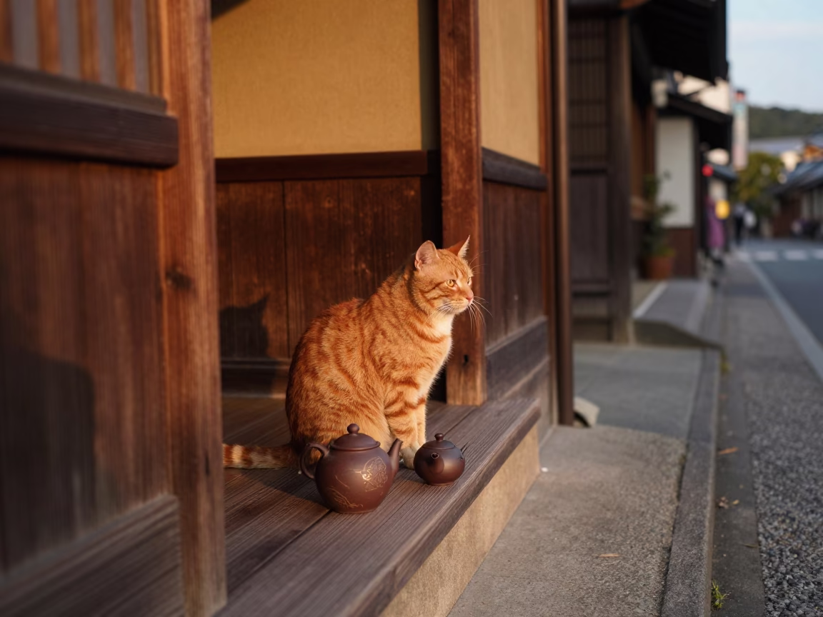 Golden Hour Kyoto Street Scene with Ginger Cat and Clay Teapot in in Kyoto, Japan