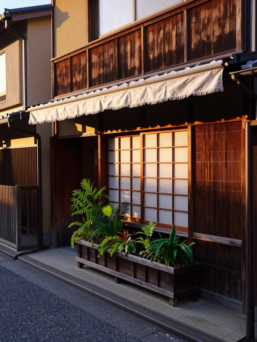 Golden Hour Kyoto Street Scene with Linen Fringe Detail and Window Box in in Kyoto, Japan