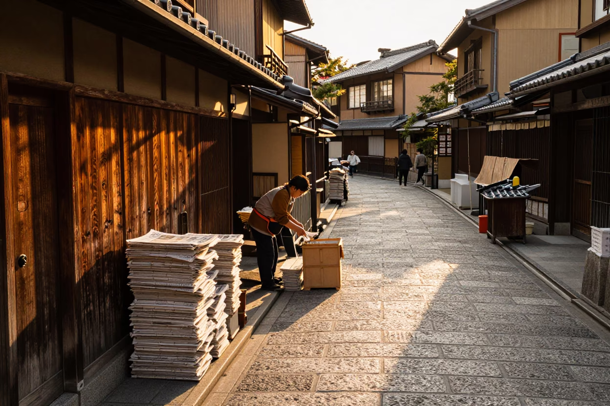 Golden Hour Kyoto Street Scene with Newspaper Stack and Traditional Architecture in in Kyoto, Japan