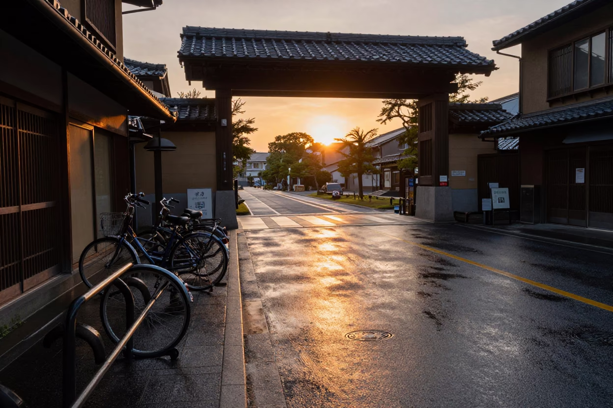 Golden Hour Kyoto Street Scene with Traditional Shopfront and Bicycle Rack in in Kyoto, Japan