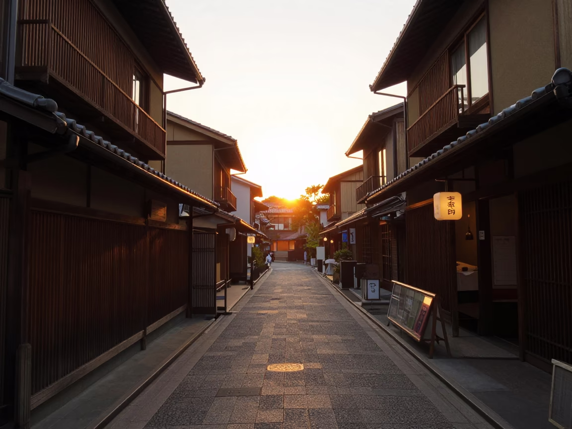 Golden Hour Kyoto Street Scene with Traditional Tea Shop and Matcha Latte in in Kyoto, Japan