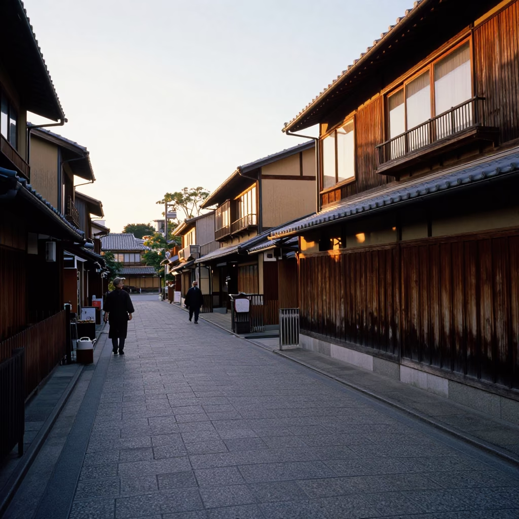 Golden Hour Kyoto Street Scene with Traditional Teapot and Local Life in in Kyoto, Japan