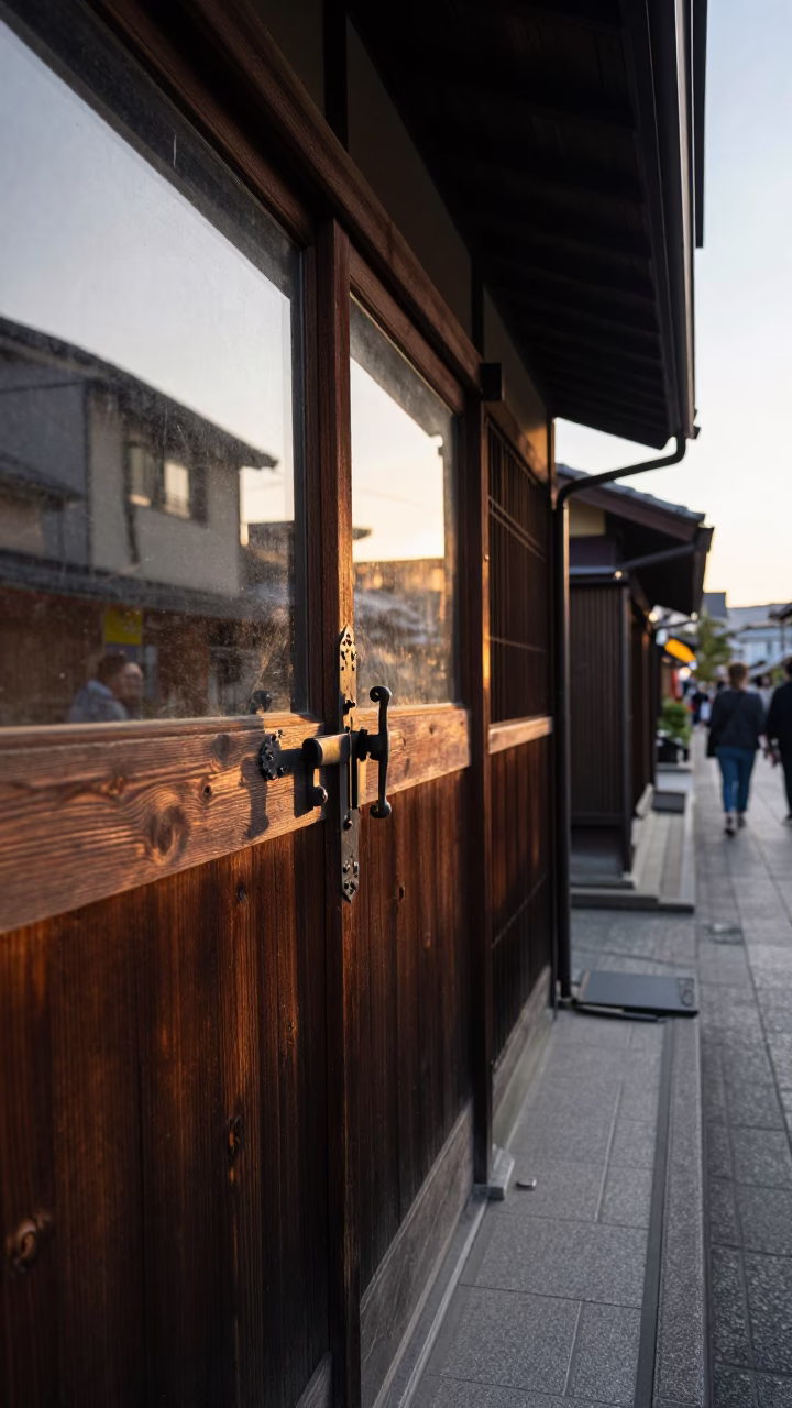 Golden Hour Kyoto Street Scene with Traditional Wooden Latch and Glass Vase in in Kyoto, Japan