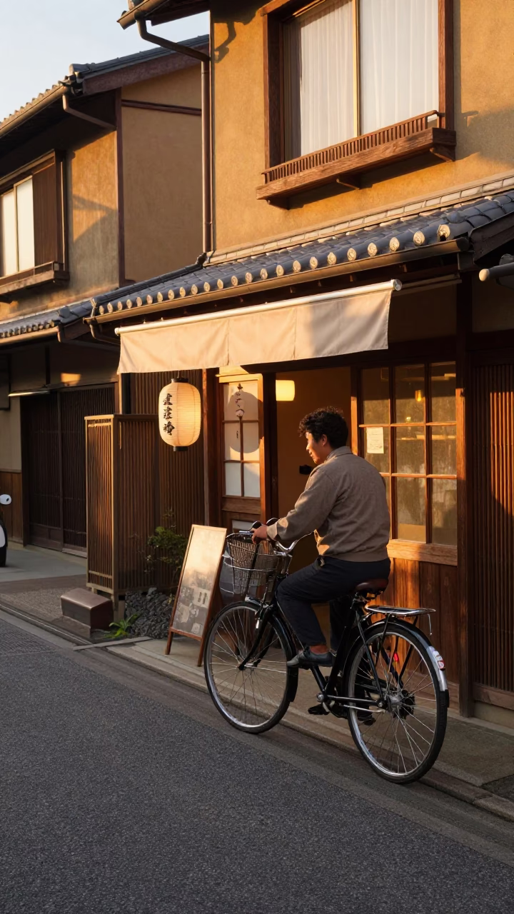 Golden Hour Kyoto Street Scene with Vintage Bicycle and Bicycle Shop in in Kyoto, Japan