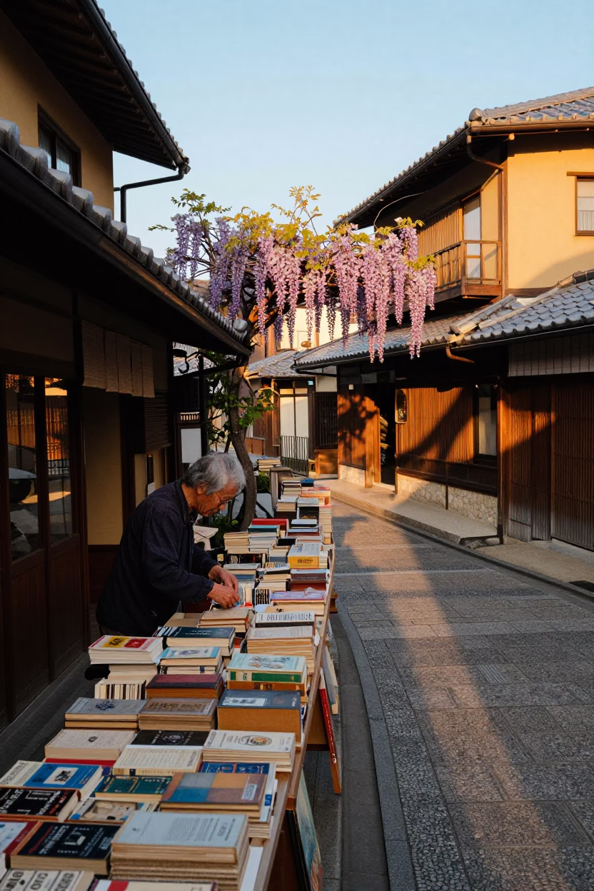 Golden Hour Kyoto Street Scene with Vintage Paperbacks and Wisteria Pergola in in Kyoto, Japan