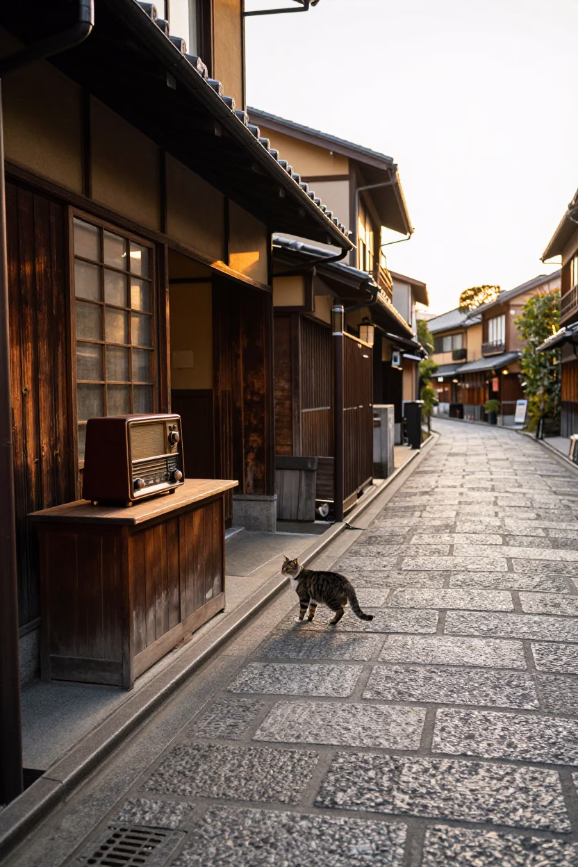 Golden Hour Kyoto Street Scene with Vintage Radio and Tabby Cat in in Kyoto, Japan