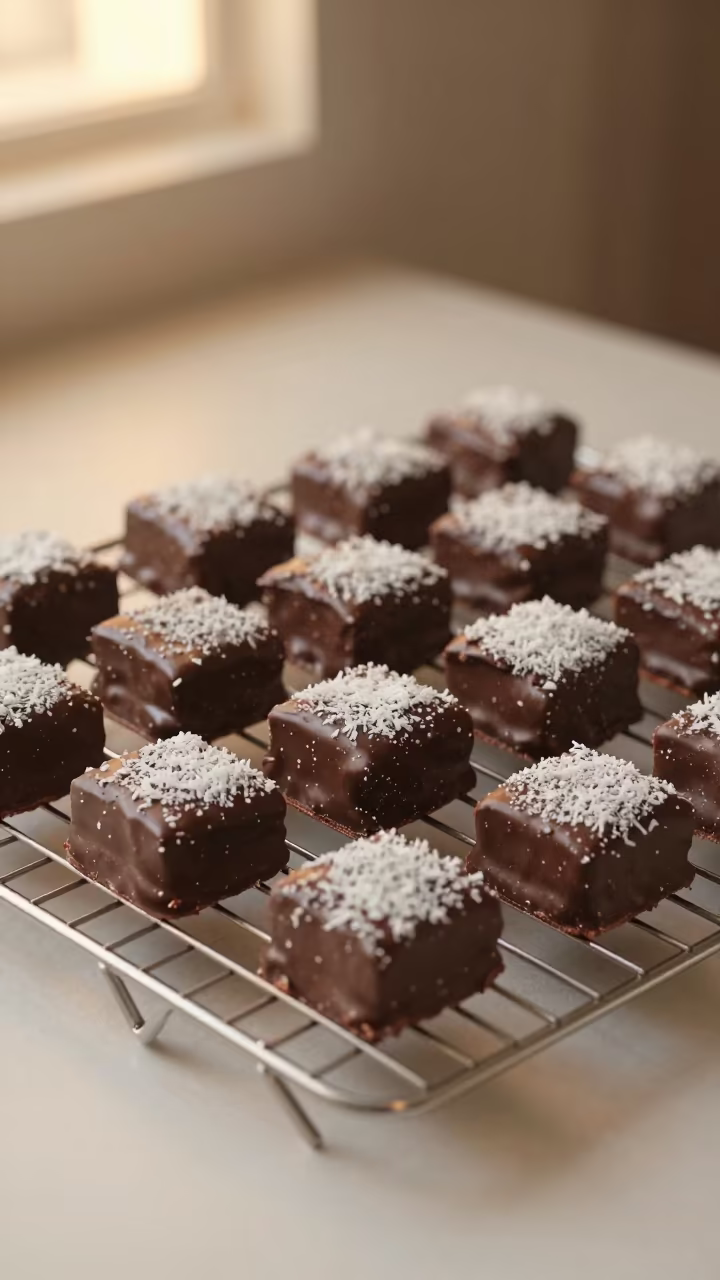 Golden Hour Lamingtons on Bakery Rack in on a bakery cooling rack in Sydney
