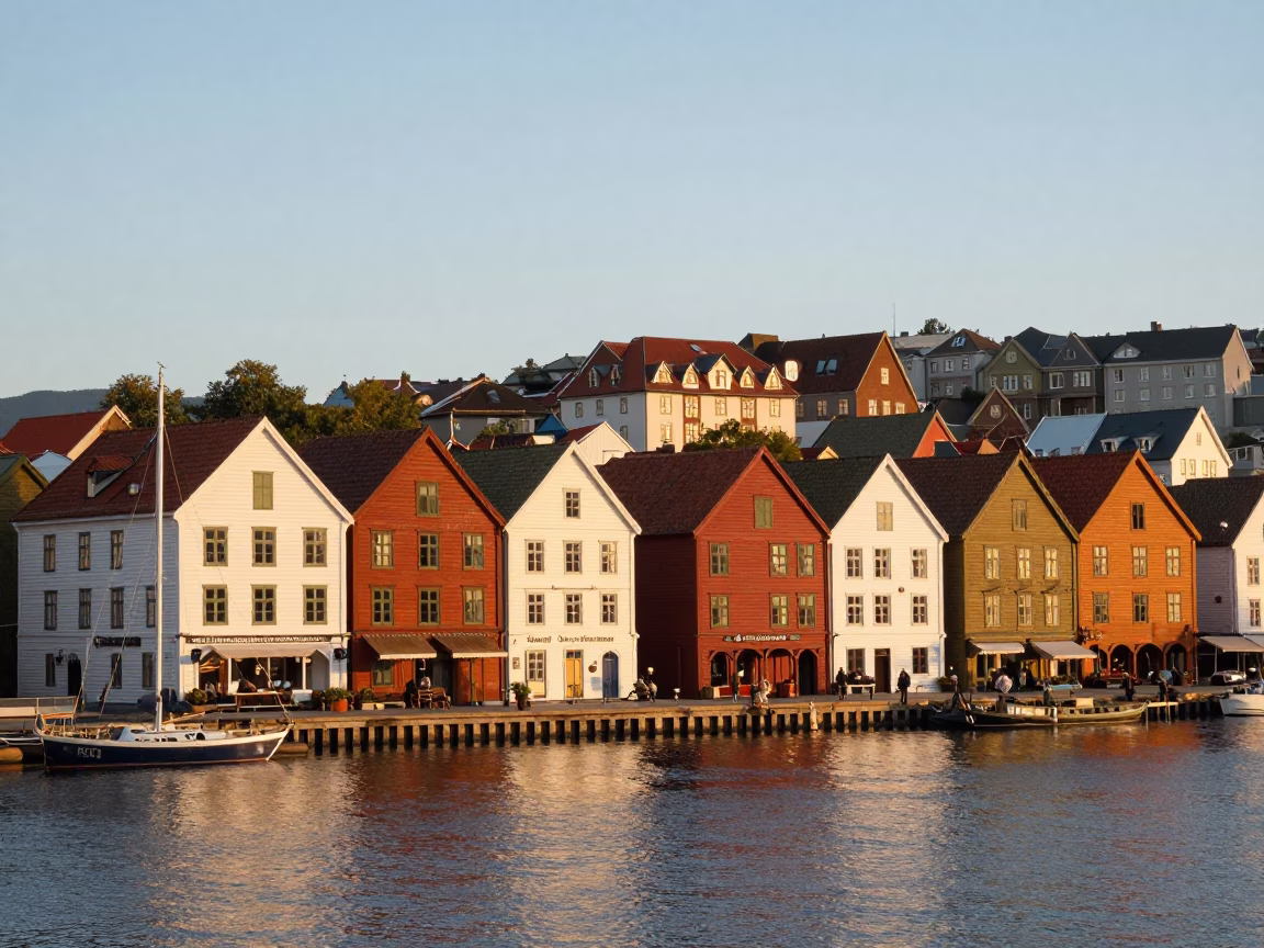 Golden Hour Landscape of Bergen Norway with Historic Bryggen Wharf and Harbor Water in in Bergen, Norway