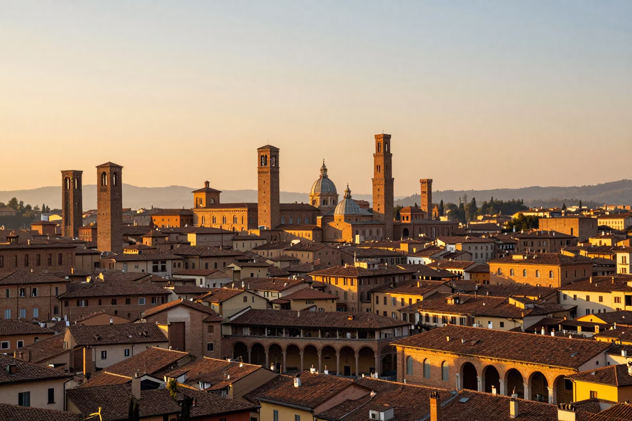 Golden Hour Landscape of Bologna Italy Historic Skyline and Porticoes at Sunset in in Bologna, Italy