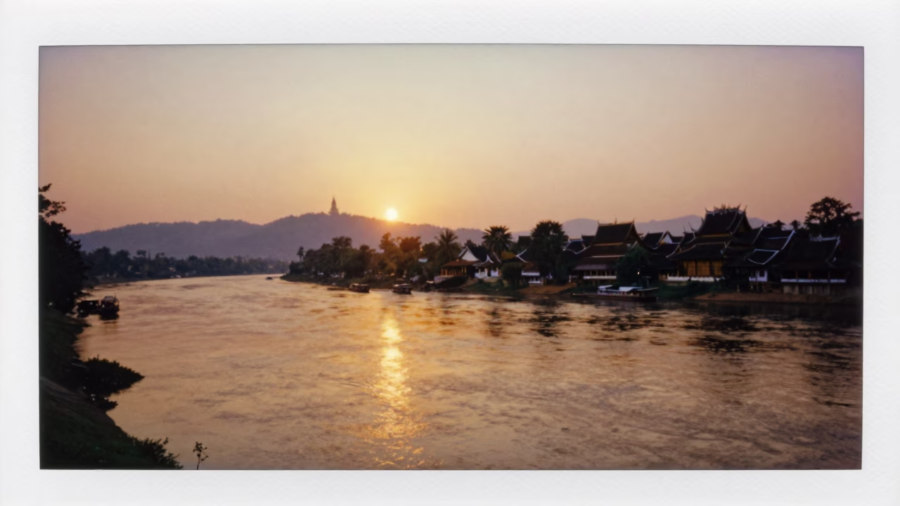 Golden Hour Landscape of Luang Prabang Laos Mekong River and Temple Silhouettes in in Luang Prabang, Laos