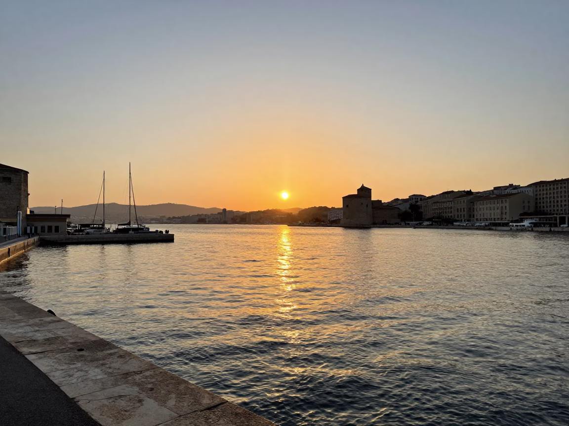 Golden Hour Landscape of Marseille France Harbor and Old Port Horizon Shot in in Marseille, France