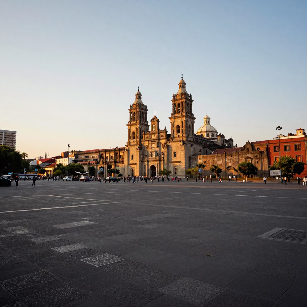 Golden Hour Landscape of Mexico City Skyline and Metropolitan Cathedral at Sunset in in Mexico City, Mexico