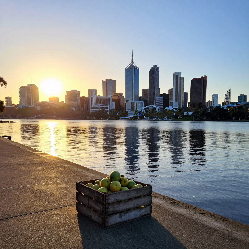Golden Hour Landscape of Perth Western Australia Skyline and Swan River with Fruit Crate in in Perth, Western Australia, Australia