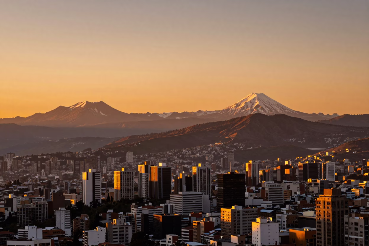 Golden Hour Landscape of Quito Ecuador City Skyline and Volcanic Peaks at Sunset in in Quito, Ecuador