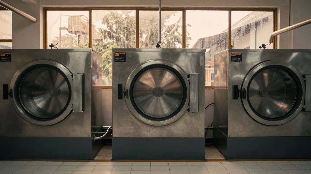 Golden Hour Laundry Drum Washers on Chennai Pier in on a pier railing in Chennai