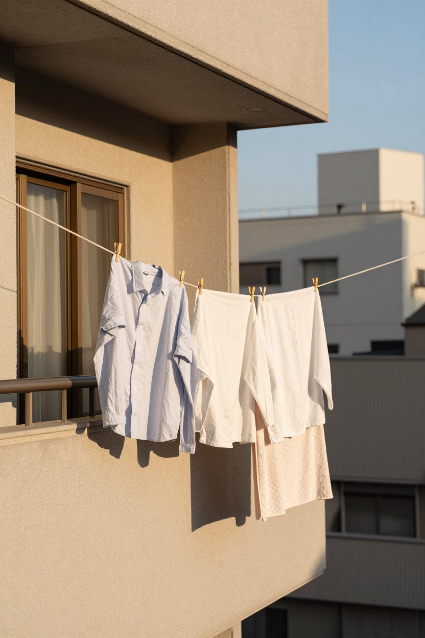 Golden hour laundry drying on Osaka balcony with peg rail shadows in in Osaka, Japan