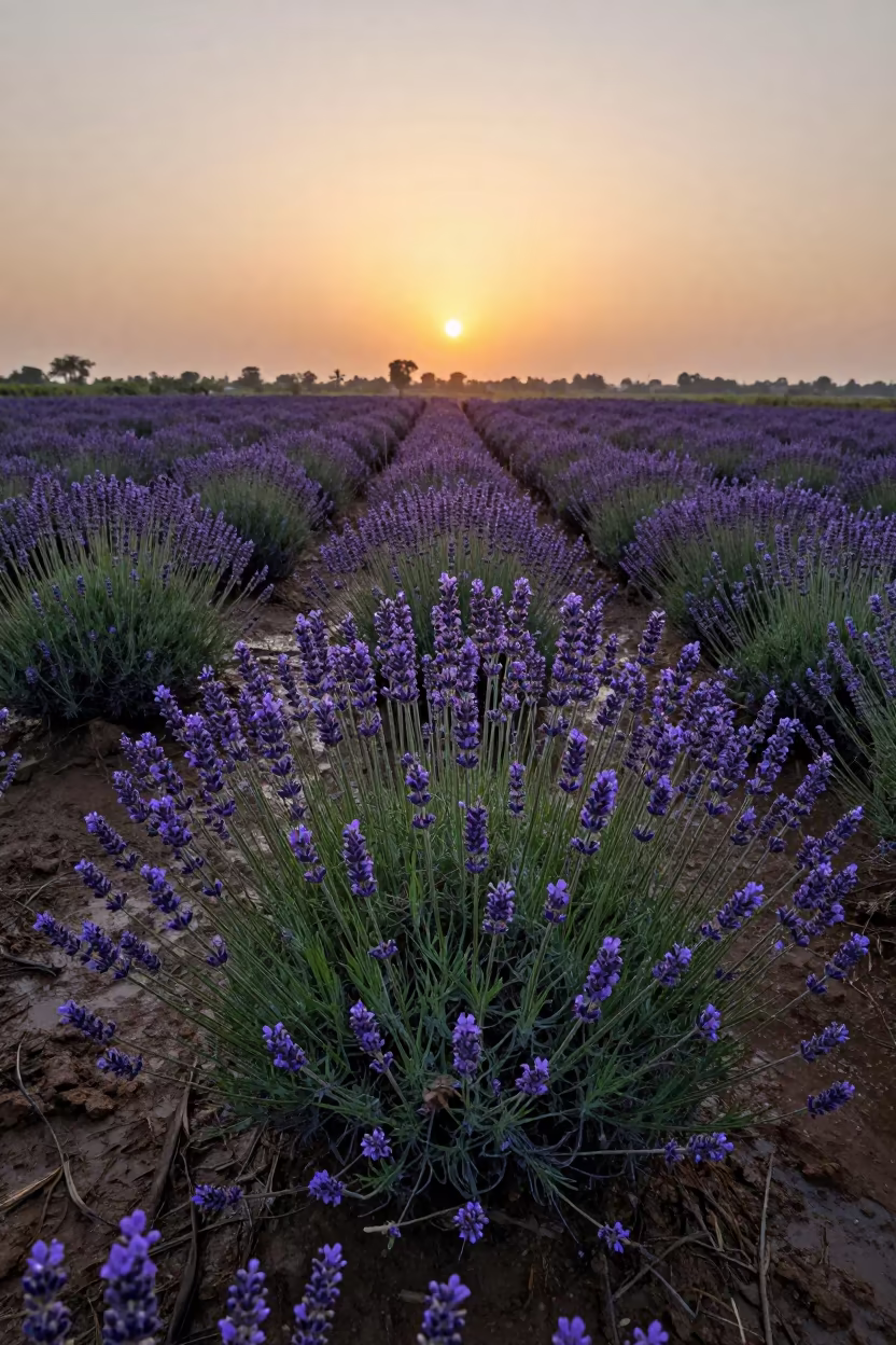Golden Hour Lavender Field Near Bhopal in Light Rain in near Bhopal
