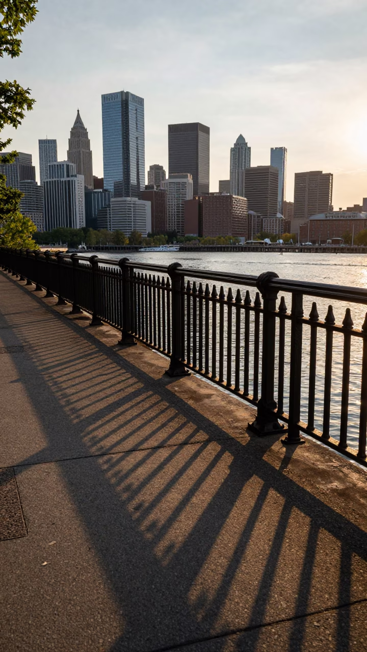 Golden hour leaf shadows on Boston rail overlooking Back Bay skyline and Commonwealth Avenue in in Boston, Massachusetts, United States
