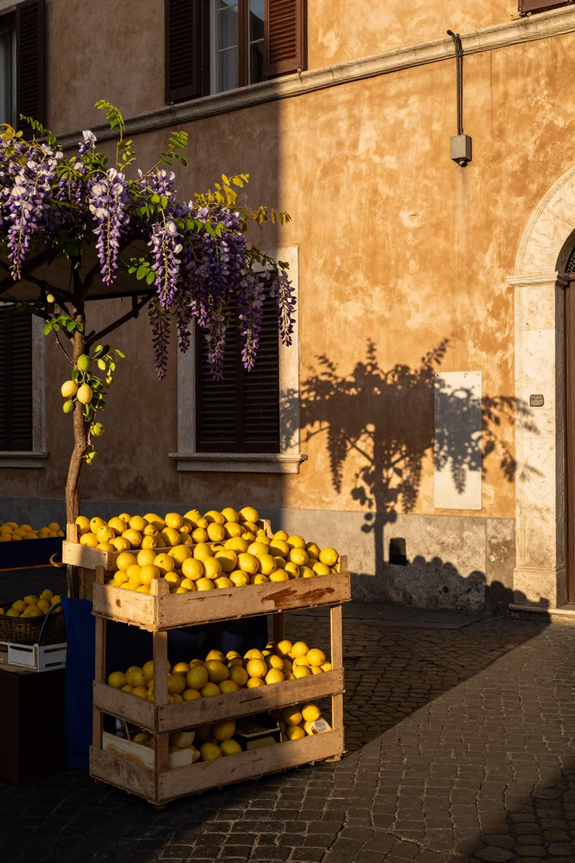 Golden Hour Lemon Stalls and Wisteria in Rome Late Afternoon Street Scene in in Rome, Italy