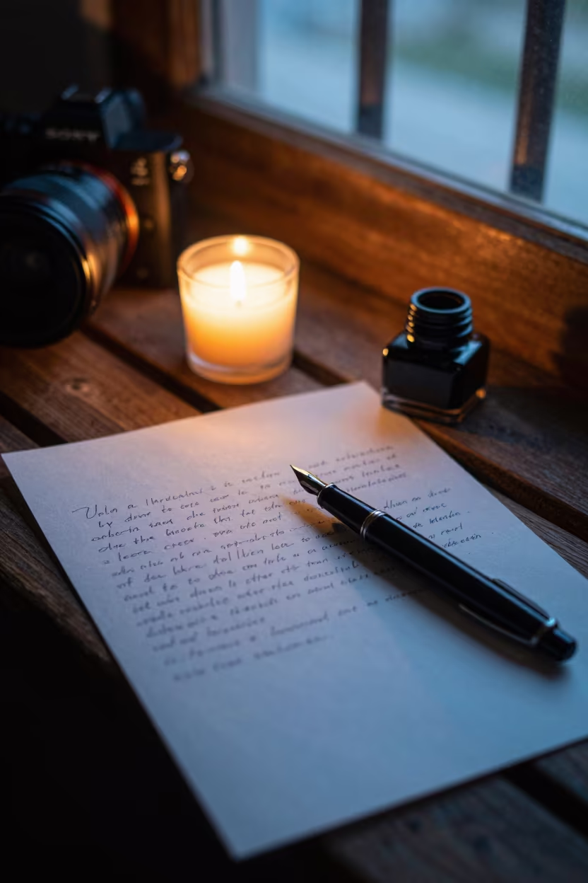 Golden Hour Letter Pen Inkwell on Tarija Pier in on a pier railing in Tarija