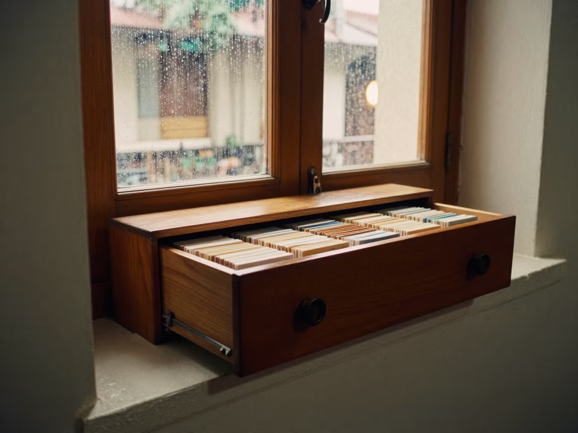 Golden Hour Library Catalog Drawer Open in on a painted display ledge in Bangalore