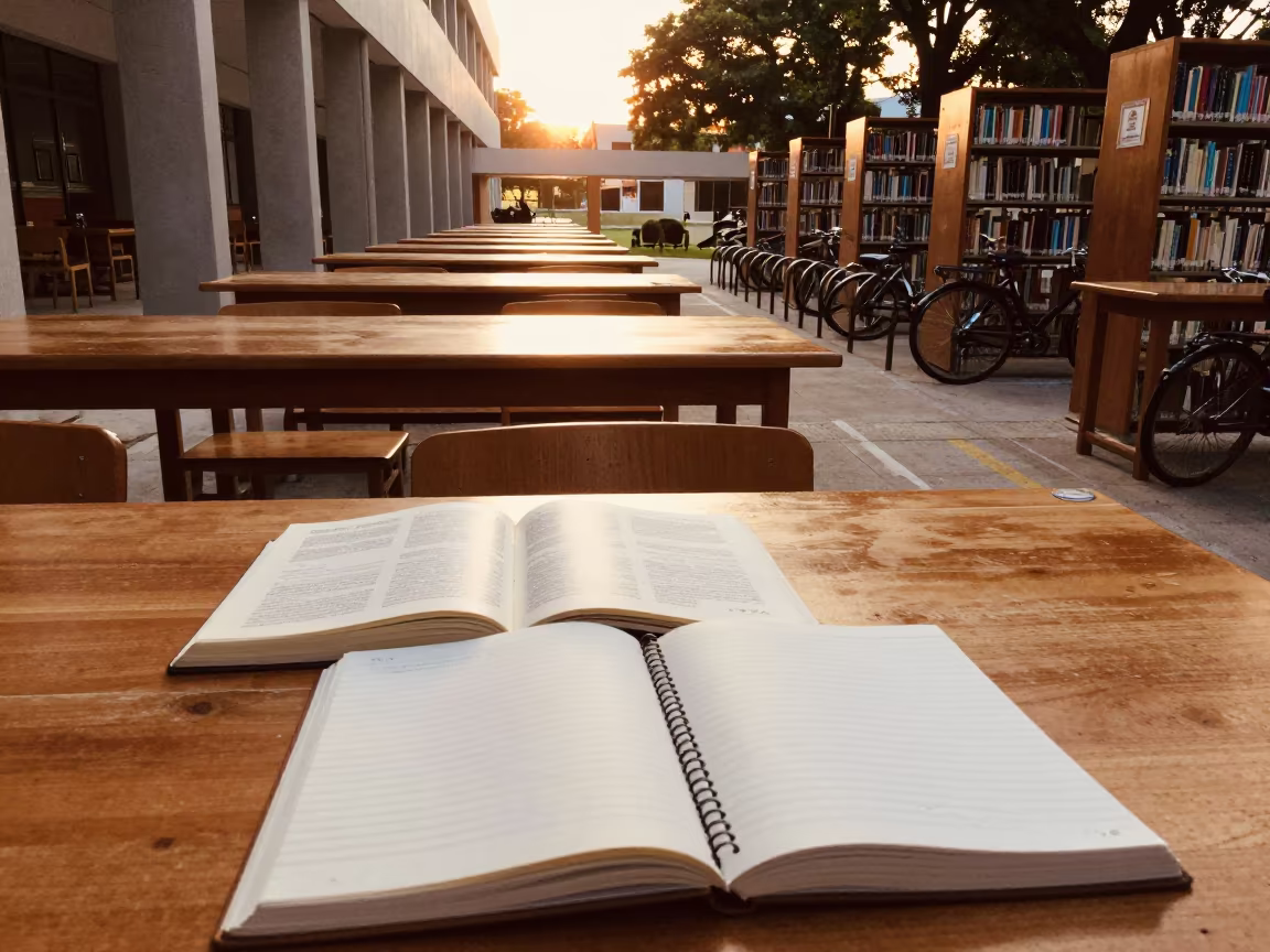 Golden Hour Library Reading Room with Open Books in beside campus bike racks at dawn in Baía Farta