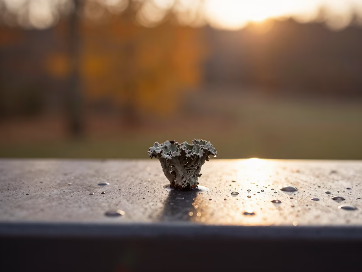 Golden Hour Lichen Cup on Rain Beaded Metal in across a rain-beaded metal surface near Leicester