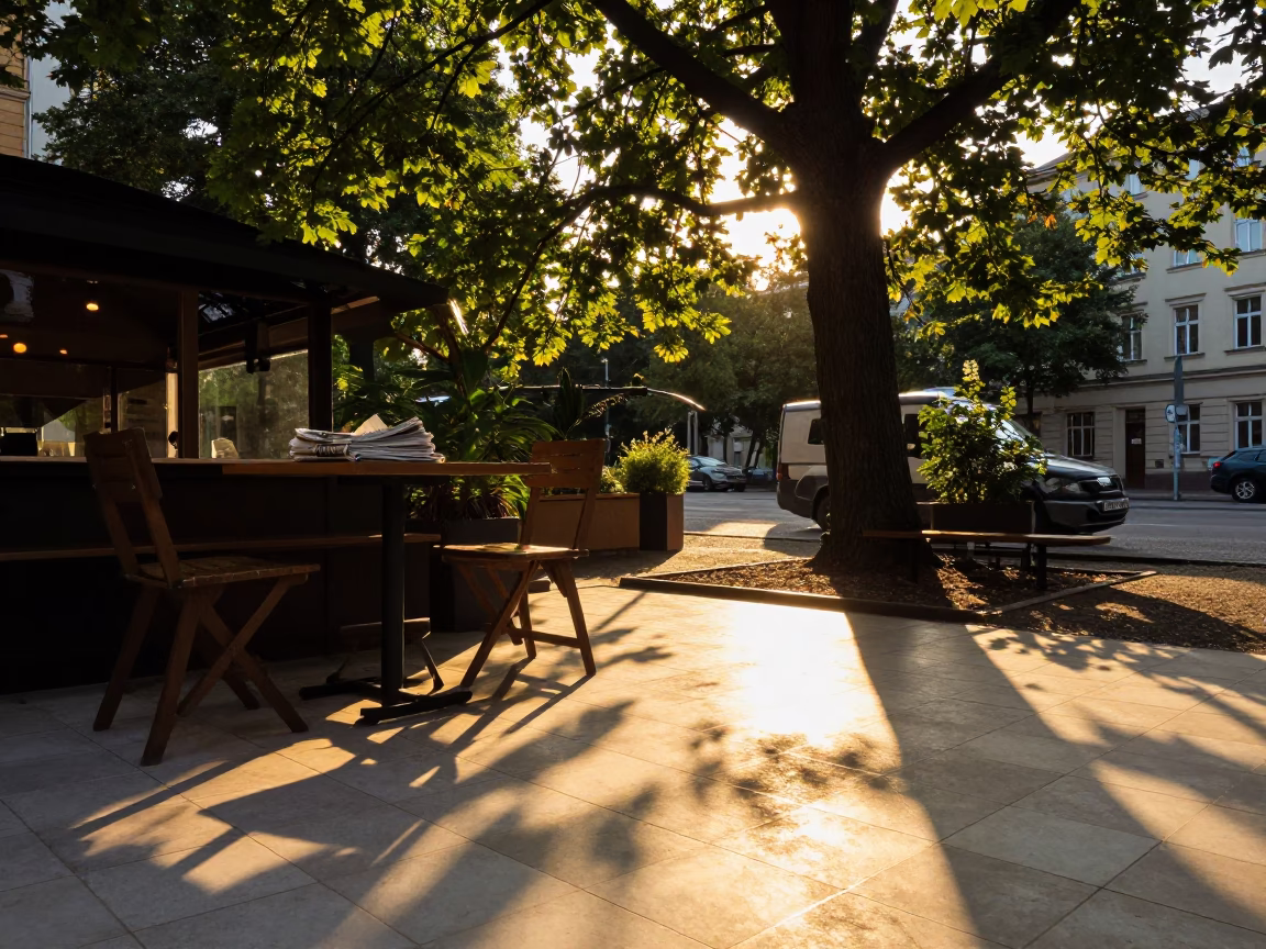 Golden Hour Light and Leaf Shadows on Tiled Floor in Berlin in in Berlin, Germany