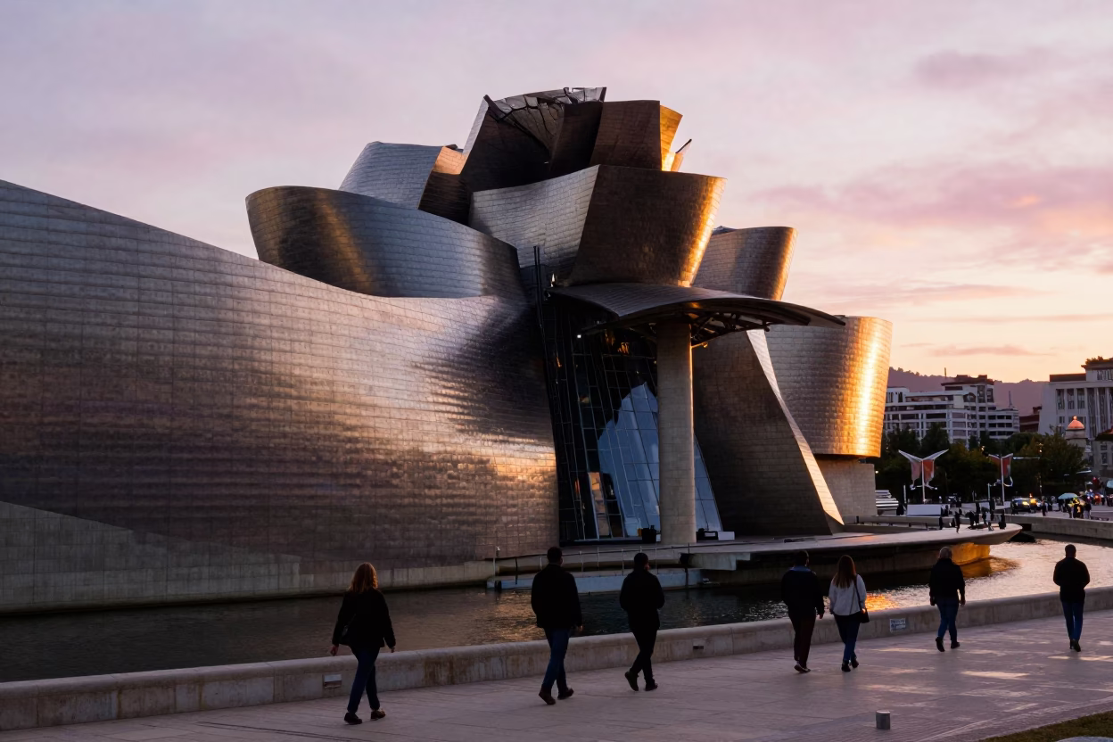 Golden Hour Light at Guggenheim Bilbao Museum and Nervion River Promenade in in Bilbao, Spain