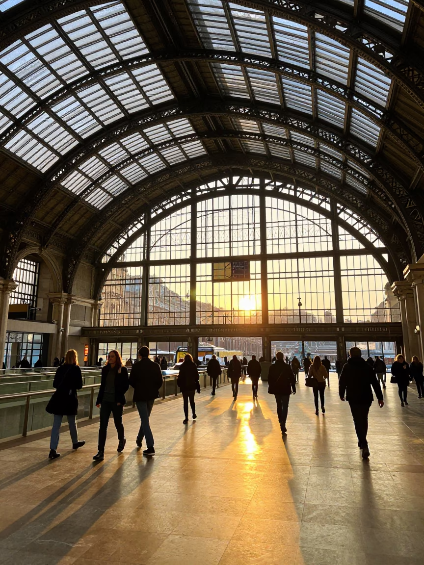 Golden Hour Light at Milan Centrale Station Arched Glass Roof with Commuters in in Milan, Italy