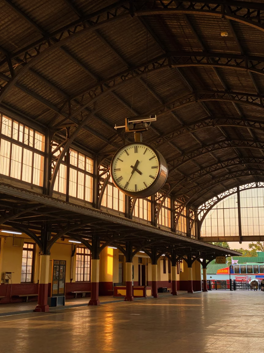 Golden Hour Light at Surabaya Train Station Clock Under Iron Roof in in Surabaya, Indonesia