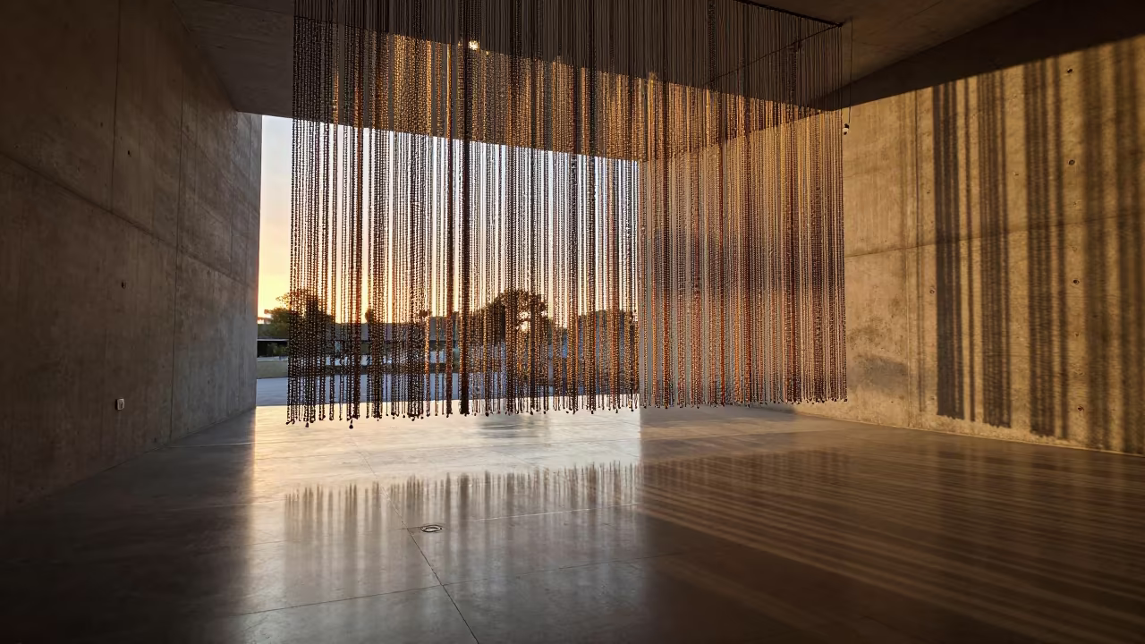 Golden Hour Light Through Bead Curtain Lobby in inside a ribbed concrete lobby near Hamad Town