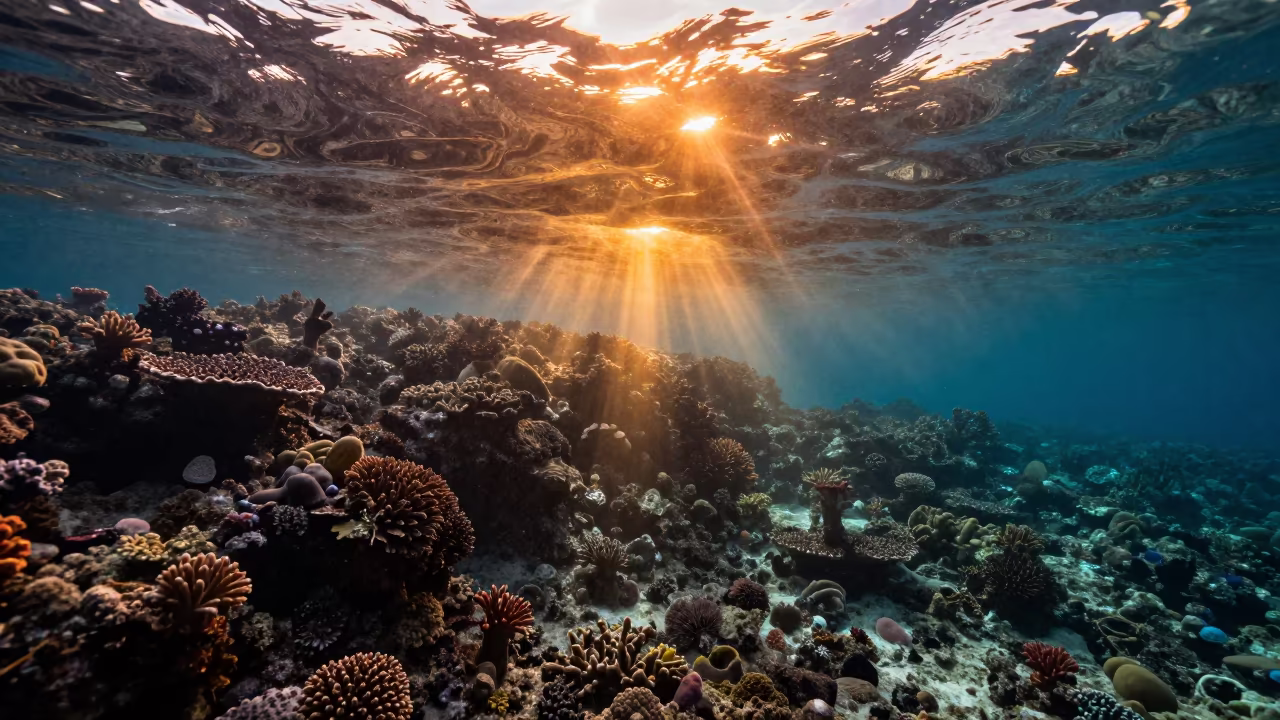 Golden Hour Light Beams Slicing Volcanic Reef in beside a volcanic reef overhang near Stone Town