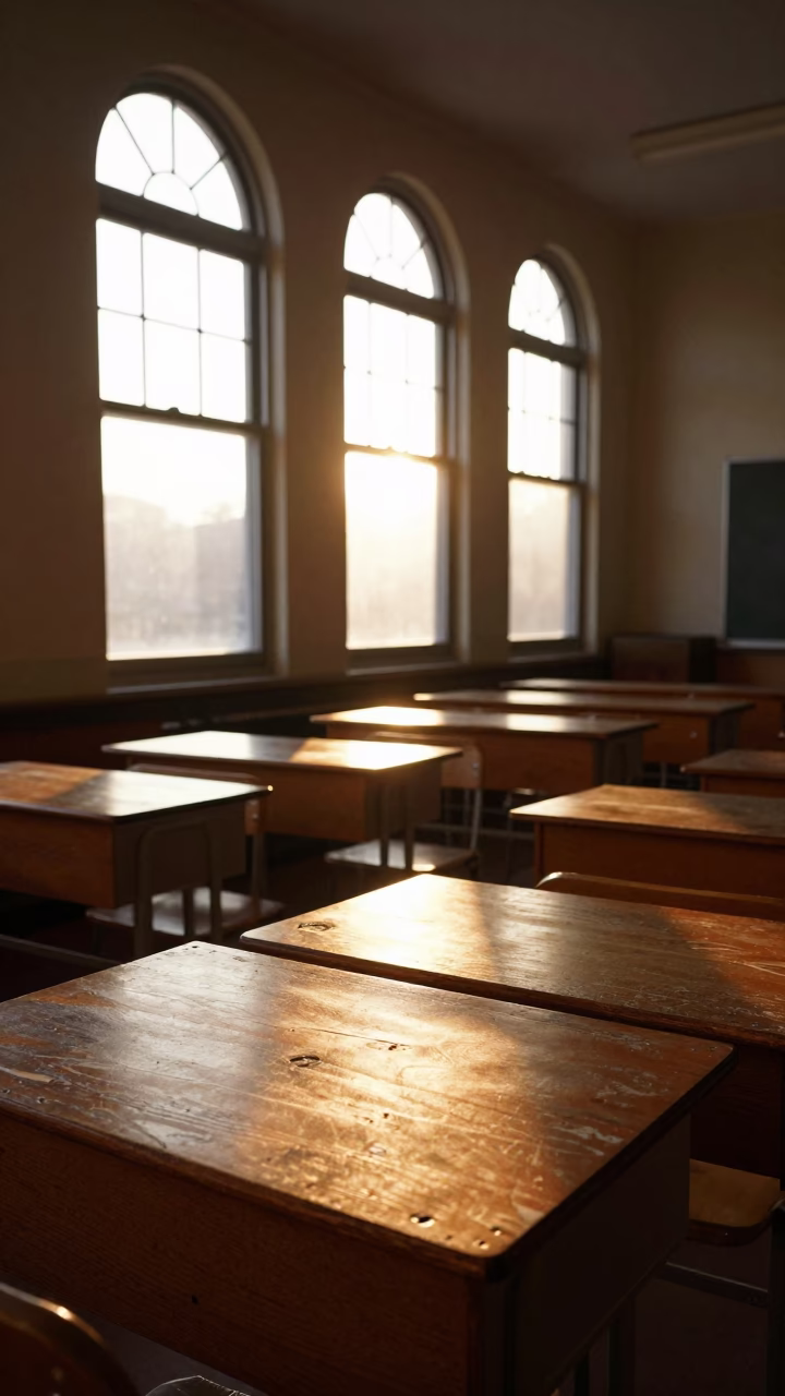 Golden Hour Light Casting Stripes Across Worn Classroom Desks in Philadelphia Pennsylvania in in Philadelphia, Pennsylvania, United States