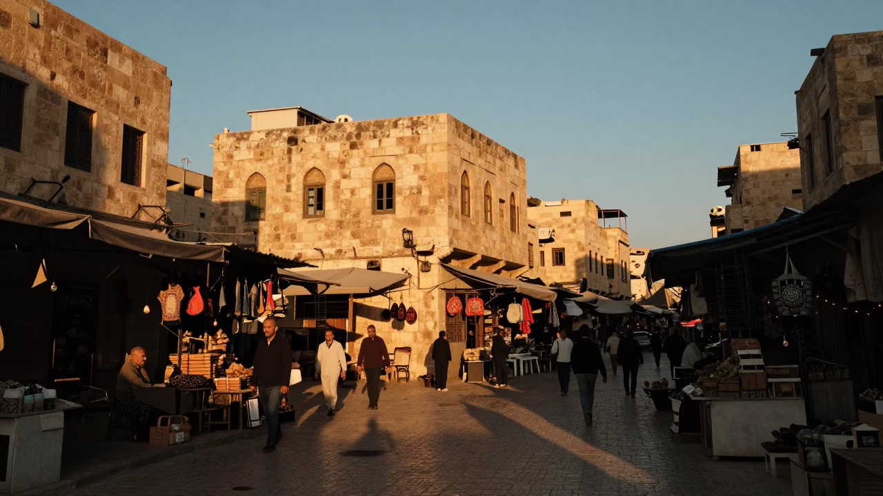 Golden Hour Light Casts Long Shadows Over Amman Street Market Scene in in Amman, Jordan