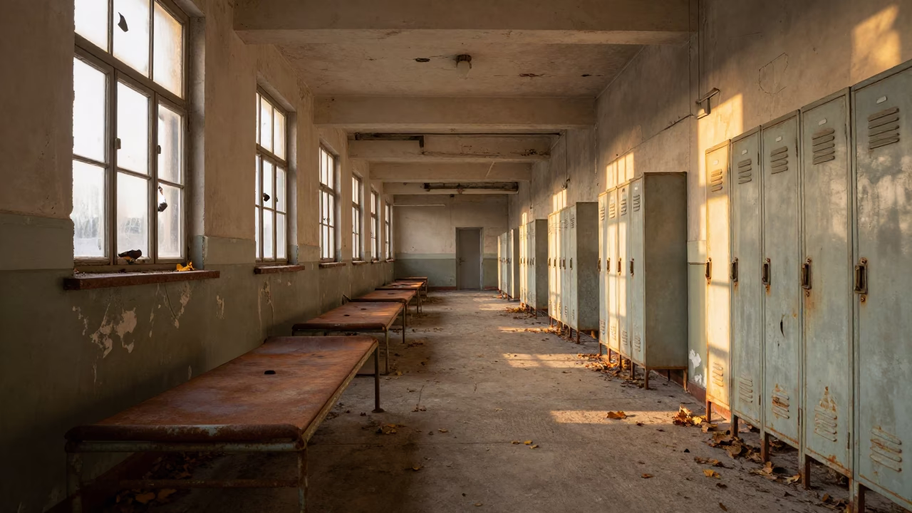 Golden Hour Light in Derelict Military Barracks in inside a ruined barracks aisle with cots and rusted lockers in United States