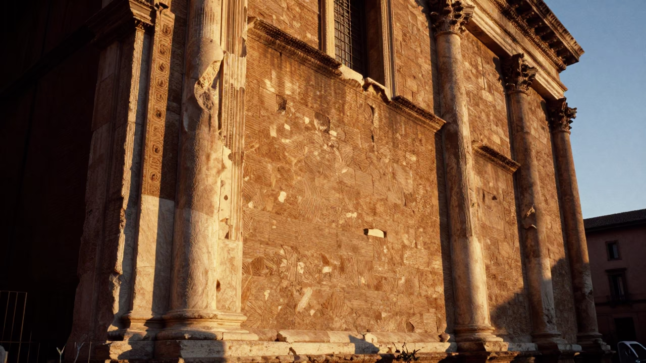 Golden Hour Light Falling on Ancient Roman Stone Facades and Street Life in in Rome, Italy