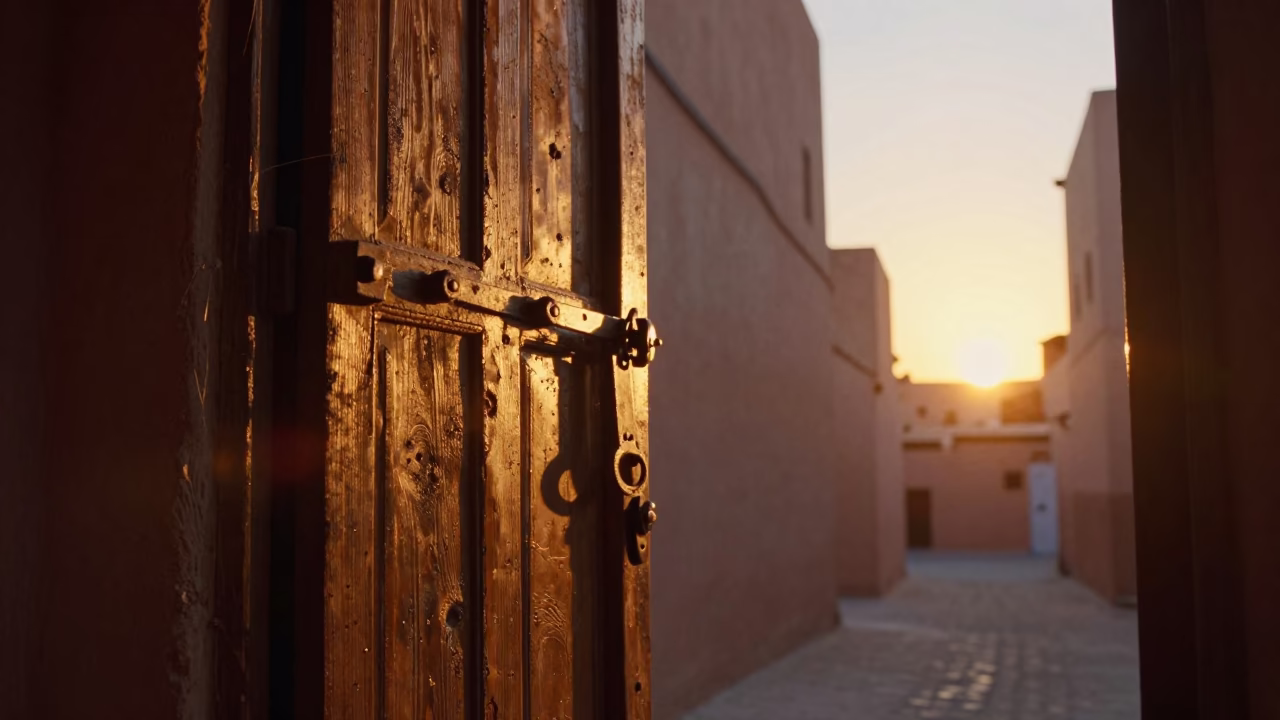 Golden Hour Light Falling on Historic Door Latch in Marrakech Medina Alleyway in in Marrakech, Morocco