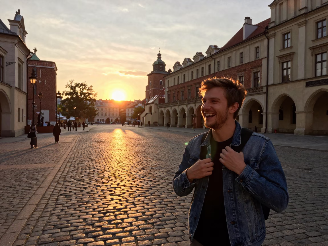 Golden Hour Light Falls on Cobblestone Street in Krakow Poland in in Krakow, Poland